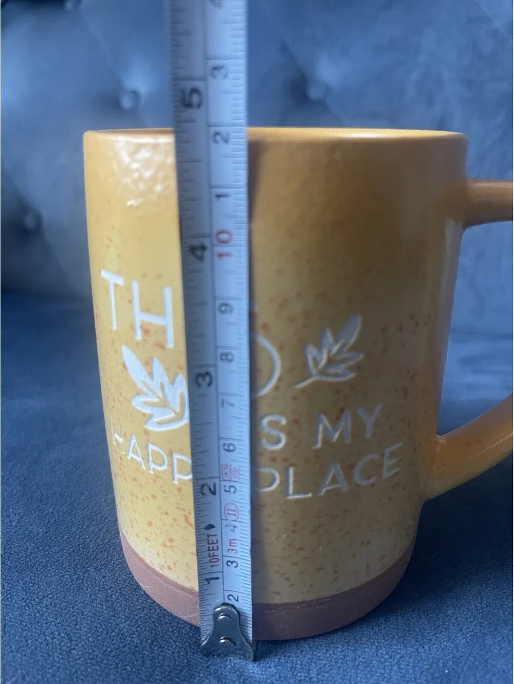 Place & Time Coffee Mug Yellow This Is My Happy Place Handle Large Speckled EUC